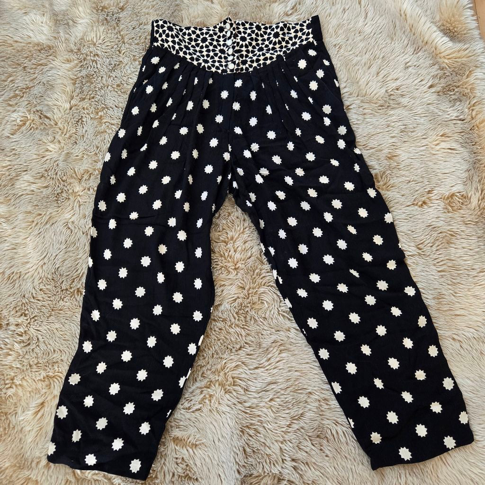 Vintage Platinum High Waisted Black White Pearl Button Sheer Crepe Boho Pants